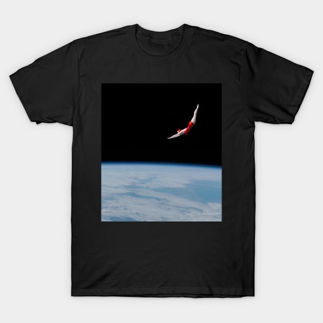 Space Diver: Woman in Red Bathing Suit Dives Gracefully to Earth T-Shirt by Ofeefee
